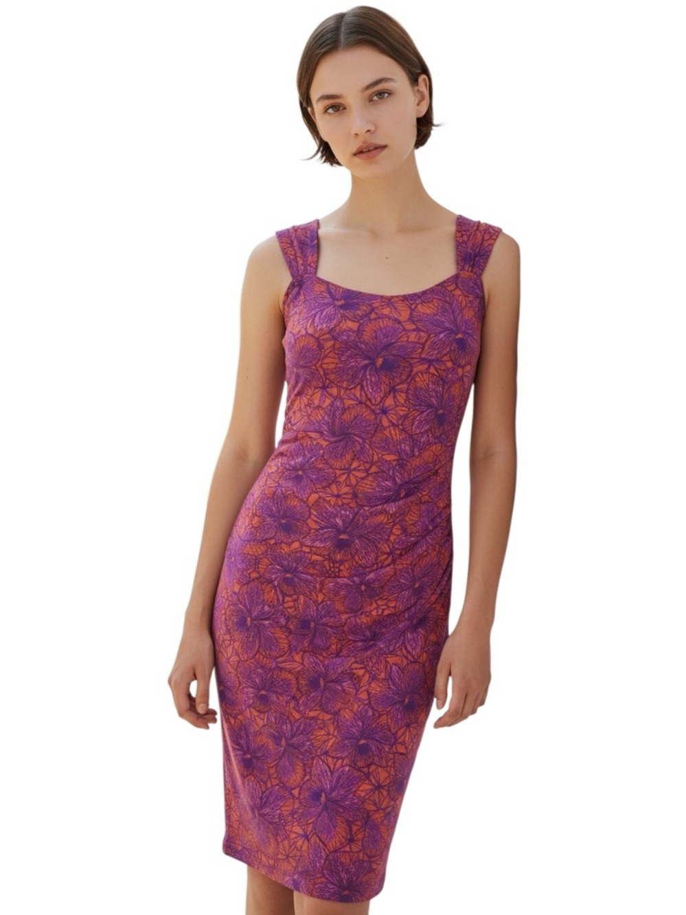 Miss Tina Purple and Orange Floral Midi Bodycon Dress Size 14